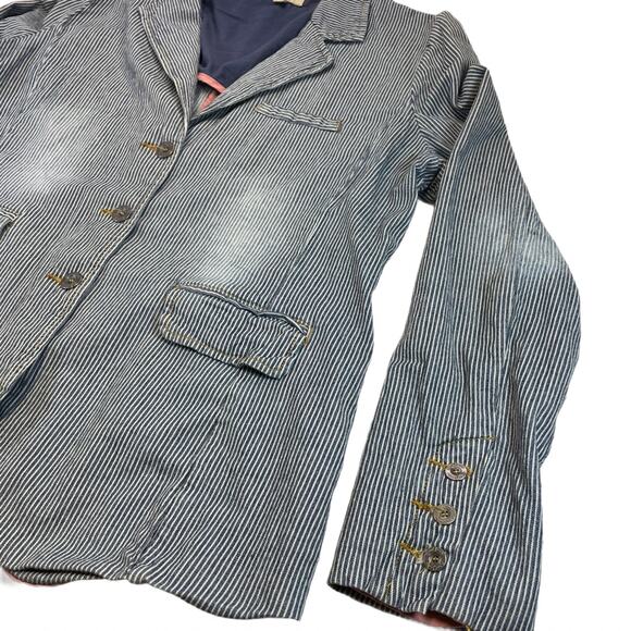 Vintage Y2K Earl Jean Pinstripe Blazer Jacket Women's XL Distressed Blue - Picture 2 of 10